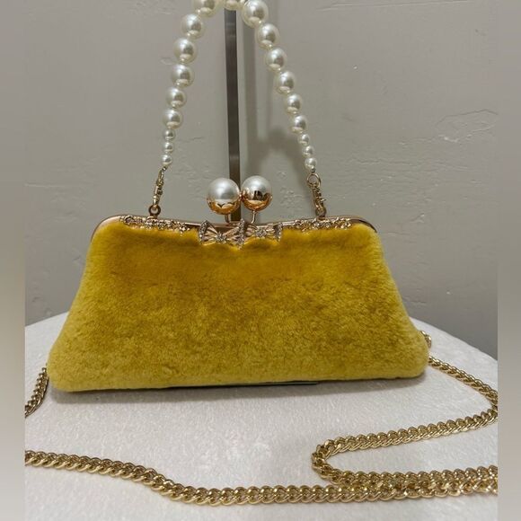 Genuine Shearling Leather “Pearl” Kisslock Clutch Bag/Evening Bag/Crossbody